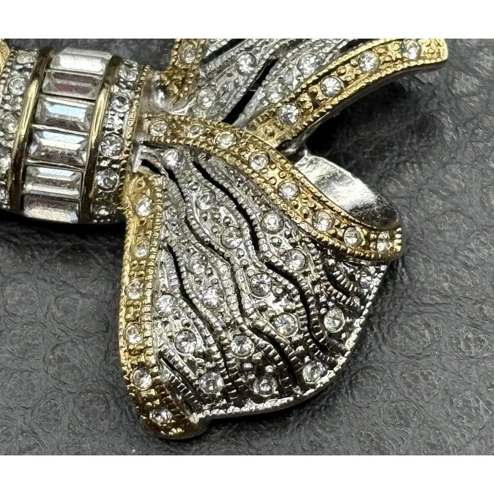 Vintage 90s Gold Tone Silver Tone Rhinestone Bow Brooch Pin Art Deco Revival